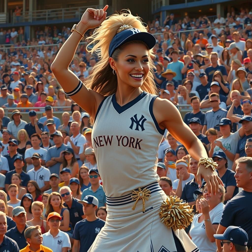 New York Yankee cheerleaders entertaining a baseball crowd in the Yankee Stadium