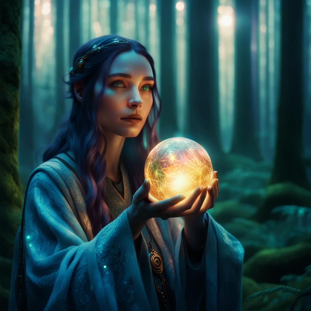 Mystical Woman with Glowing Orb in Forest