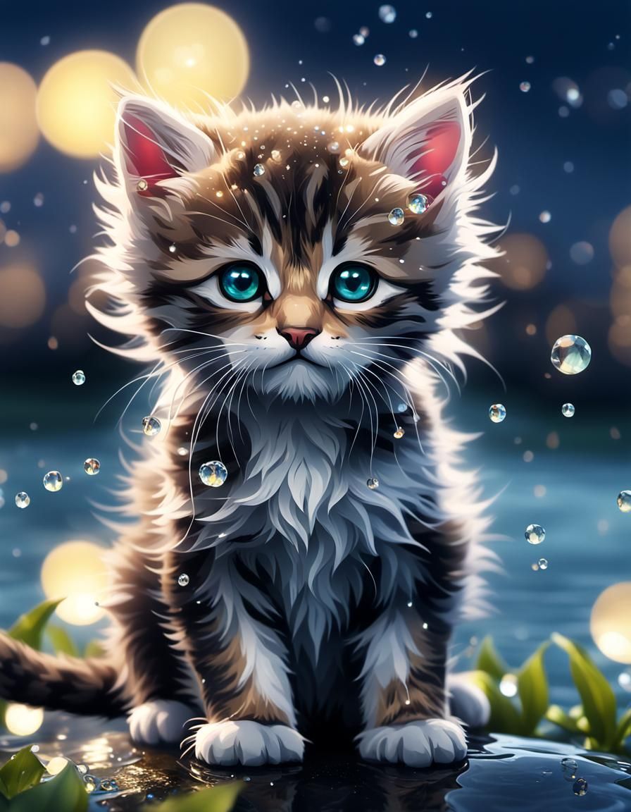 Cute Kitten in a Rose Meadow at Night