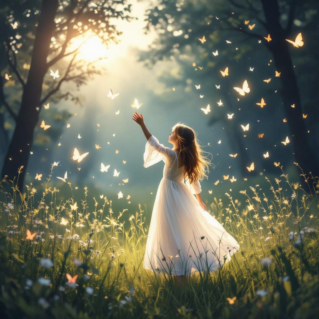 Girl Reaching Up in Glowing Clearing with Butterflies