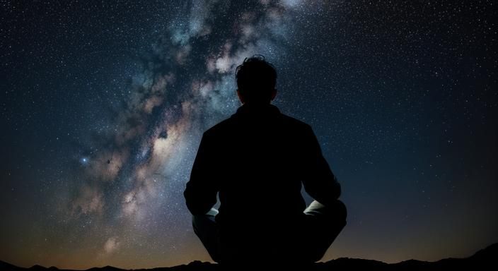 man meditate facing the stars, cinematographic