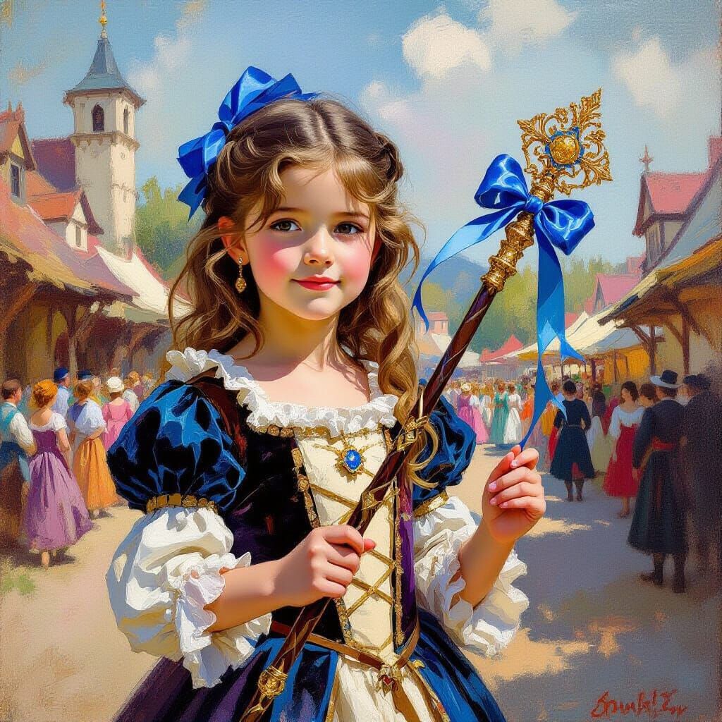 Girl with Magic Wand at Renaissance Fair, Impressionist Styl...