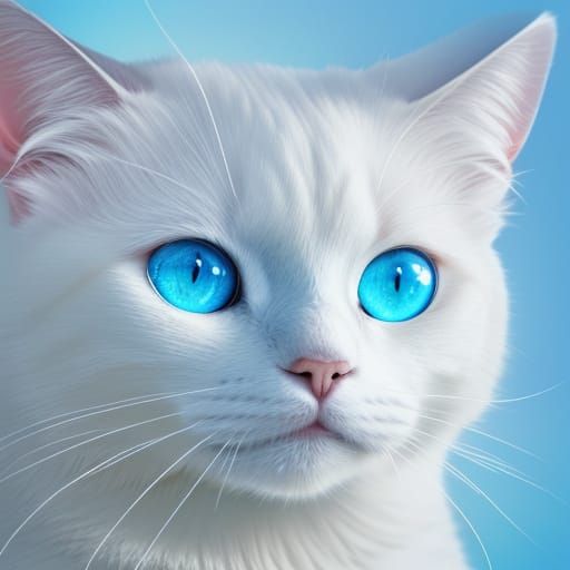 White Cat with Blue Eyes in Digital Painting Style