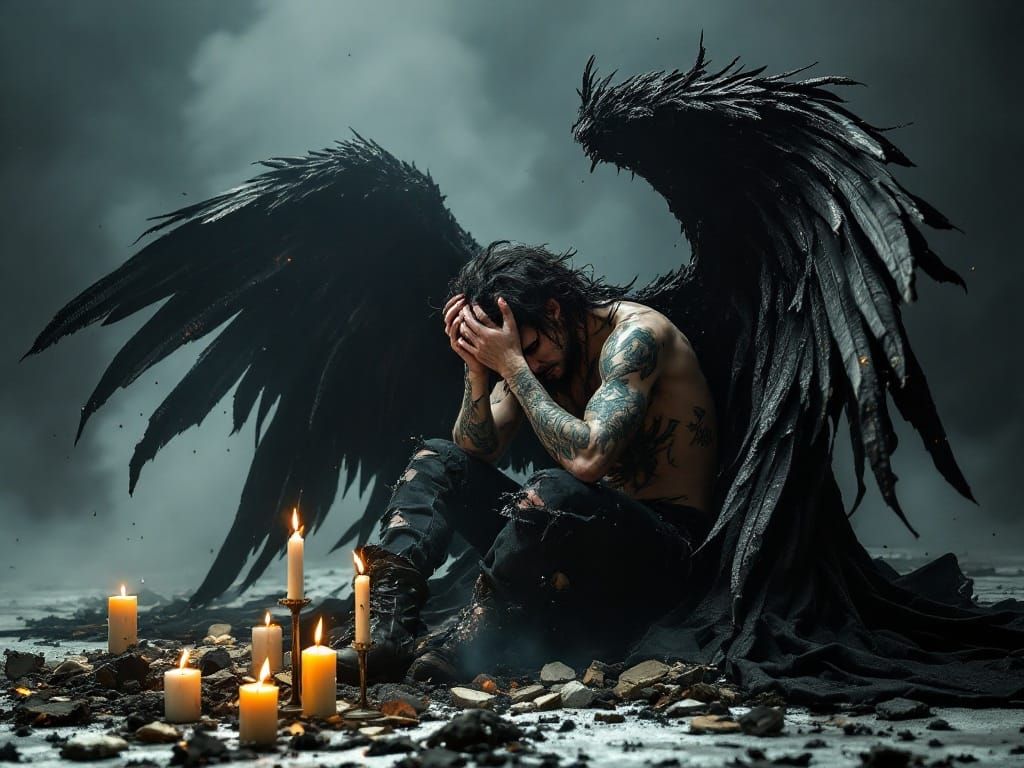 Ethereal Sorrow: Fallen Angel in Tattered Elegance