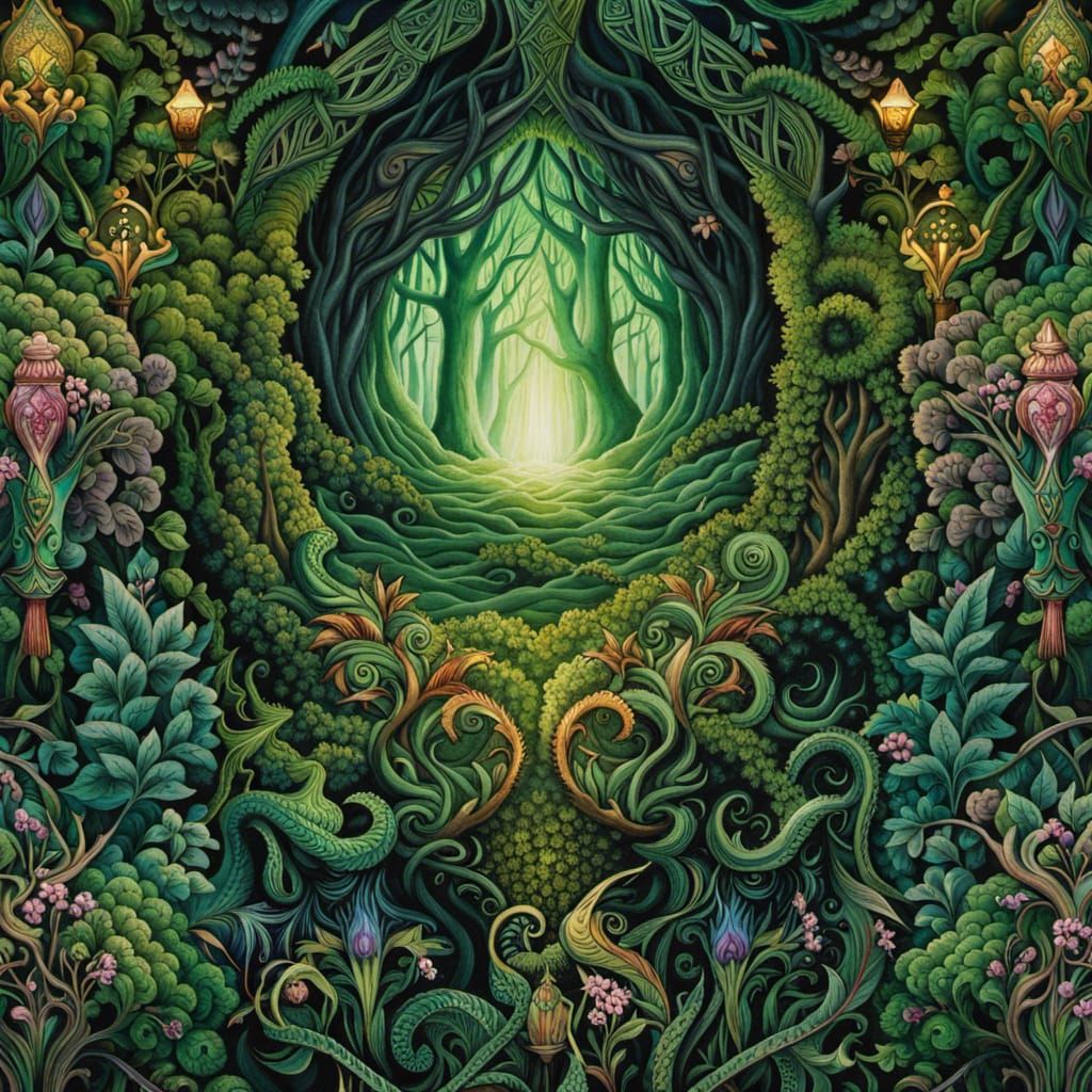 Lush Forest with Spirit Creatures in Watercolor Style