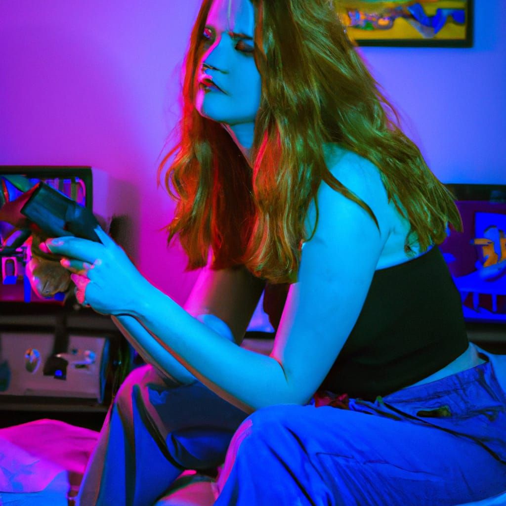 Retrowave Redhead Playing 80s Video Games