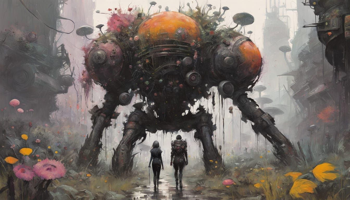 Cyberpunk Woman in Fungal Armor Amidst Biomechanical Machine...