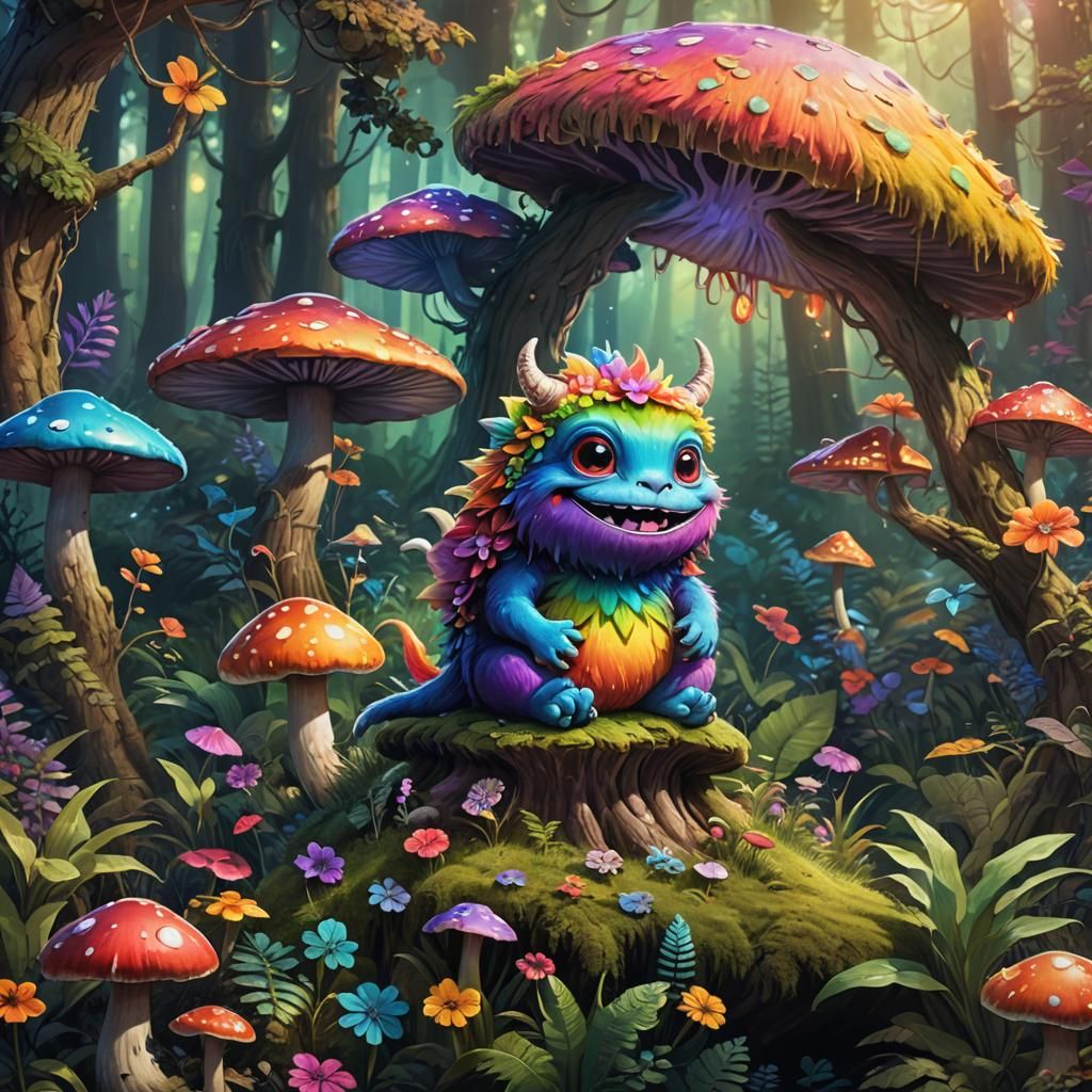 Rainbow Monster in Whimsical Forest: Fantasy Art