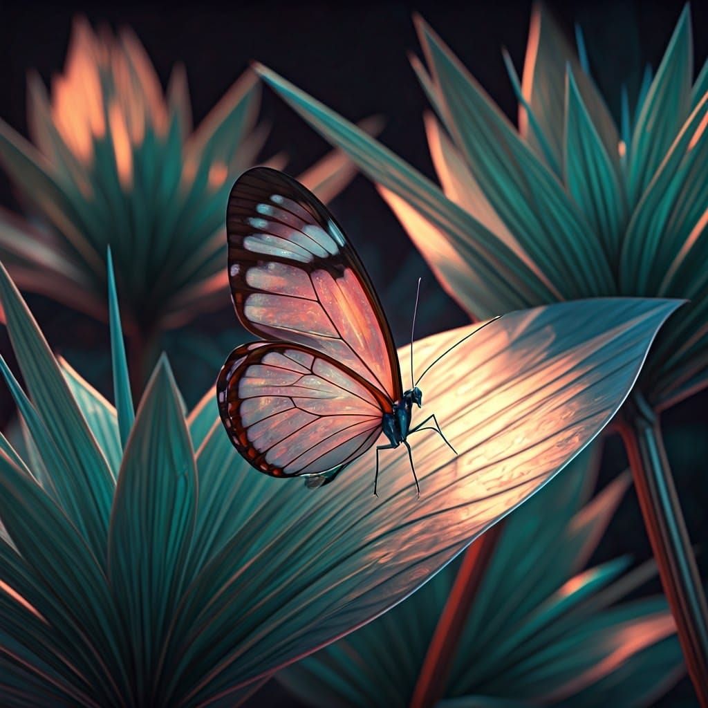 Iridescent butterfly in a cellophane forest