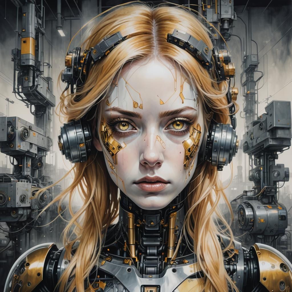 Sad Girl with Robotic Eyes in Dreamcore Factory
