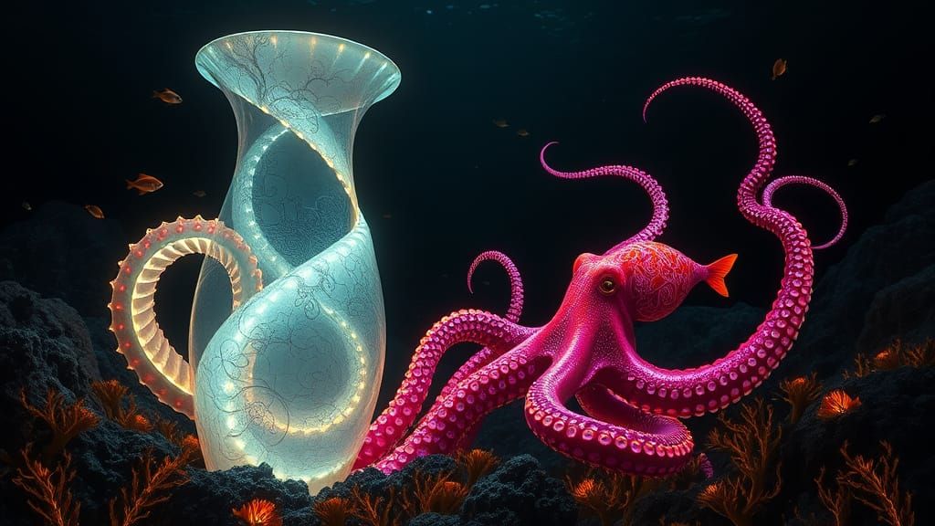 Surreal Glowing Octopus in Deep Ocean, Dragonball Z Style