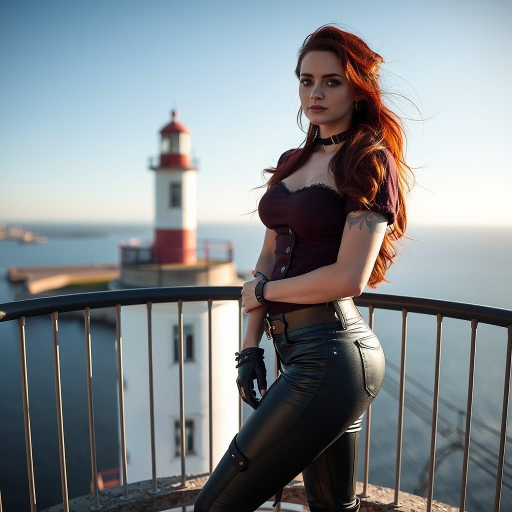 Steampunk Woman Stands Tall at Lighthouse Summit