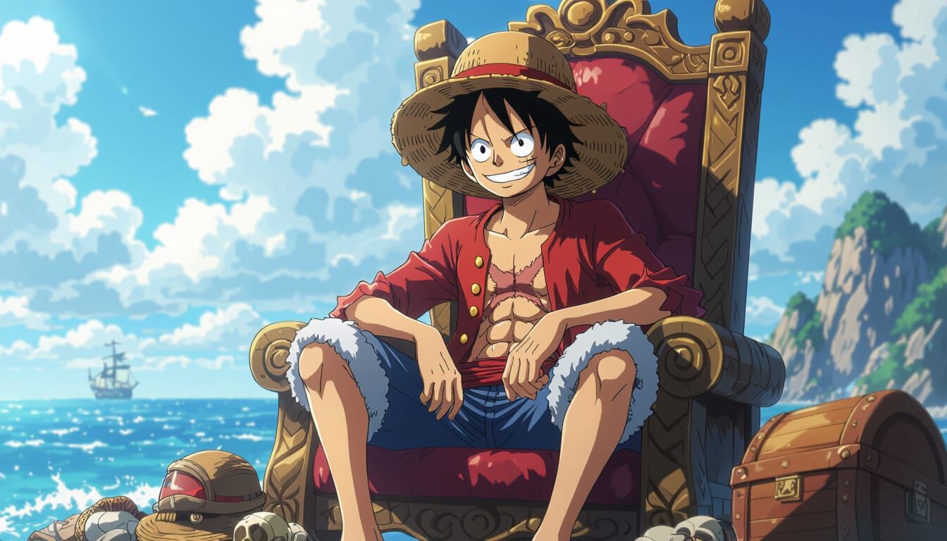 Old Luffy on Treasure Throne in Anime Style