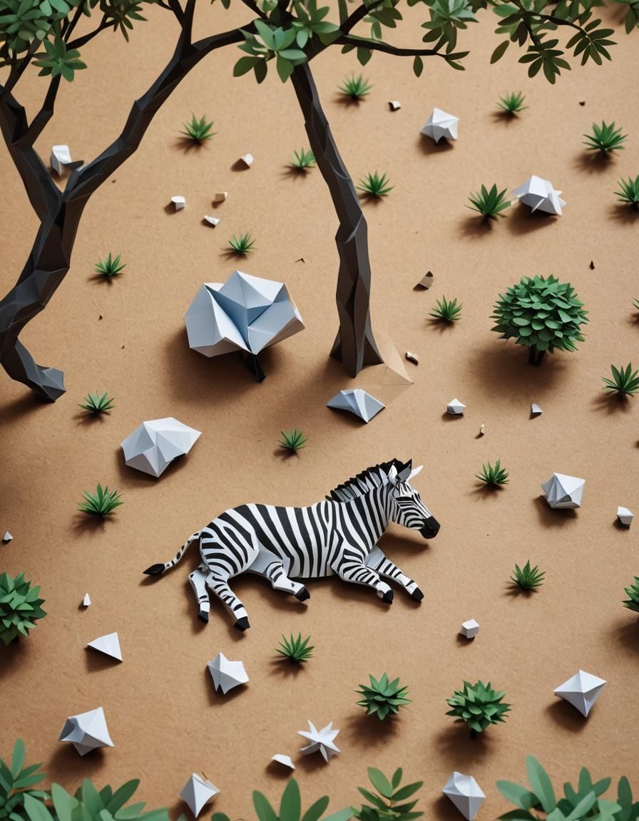 Zebra Resting in Savannah: Origami Papercraft Style