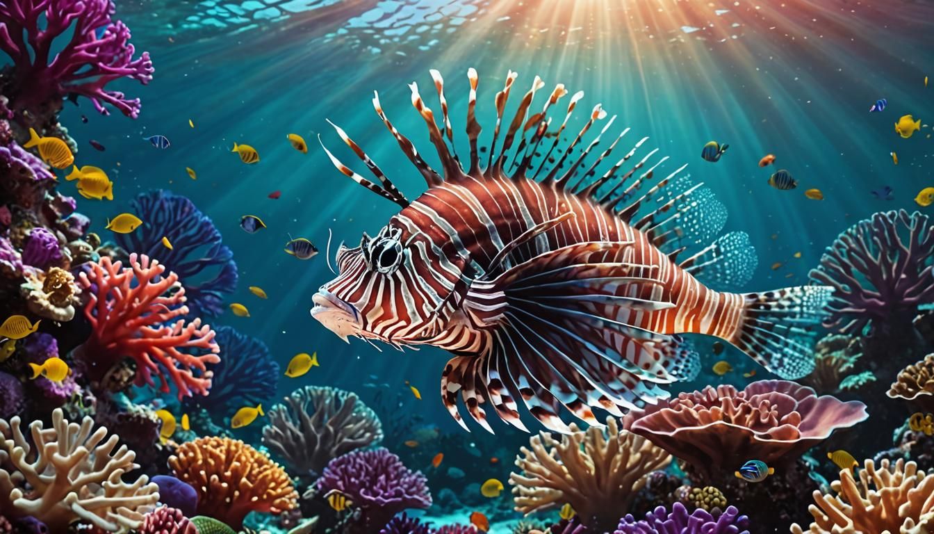 Lionfish Swimming Above Coral Reef: Watercolour Illustration
