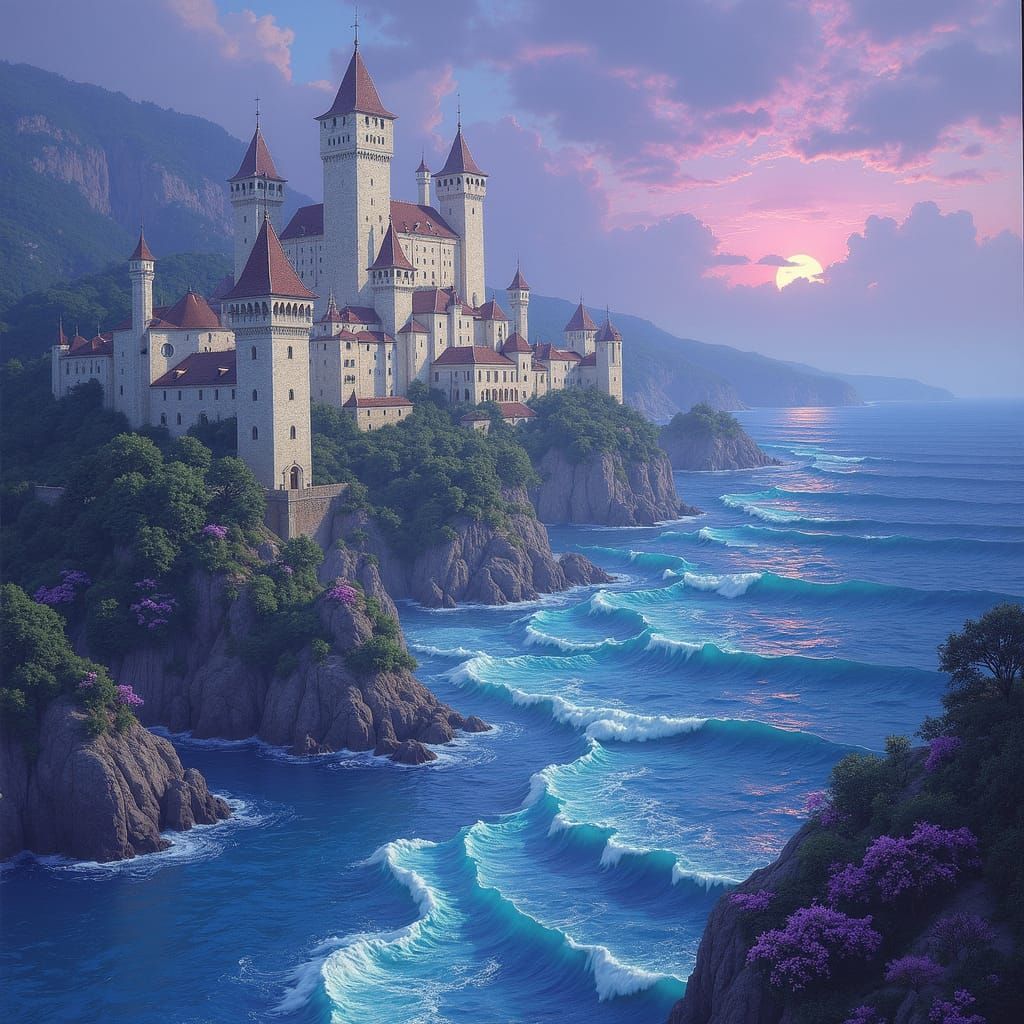 Fantasy Renaissance City Surrounded by Iridescent Sea