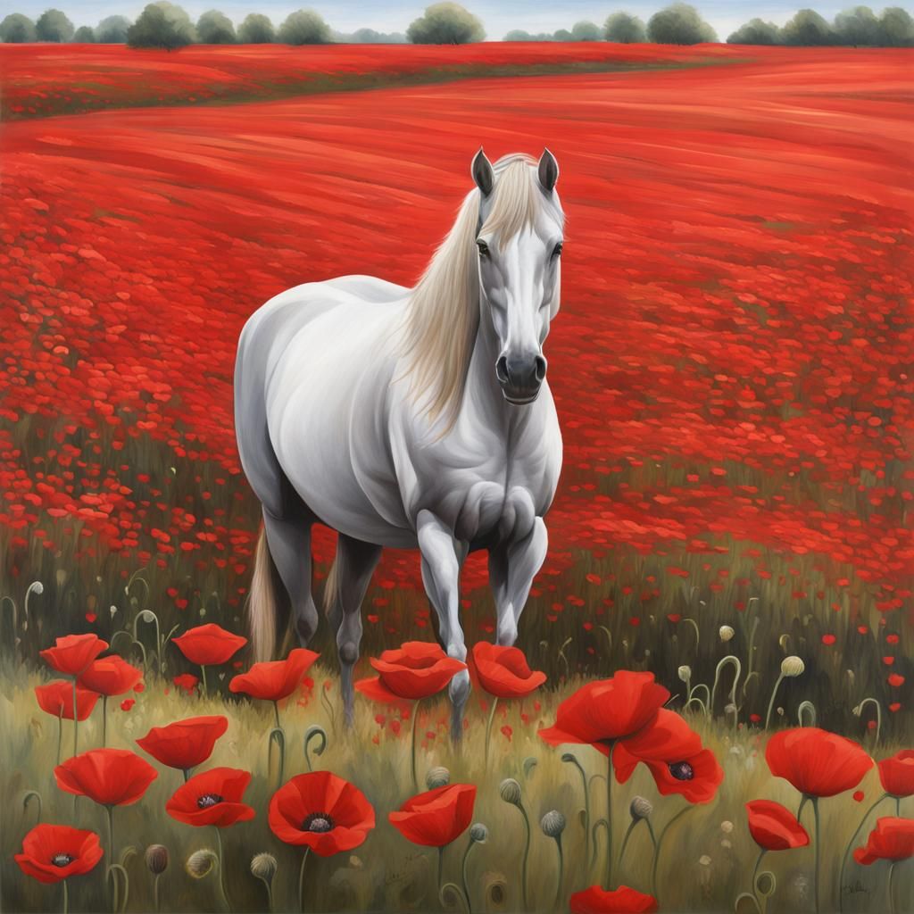 Hyperrealistic Horse in a Poppy Field