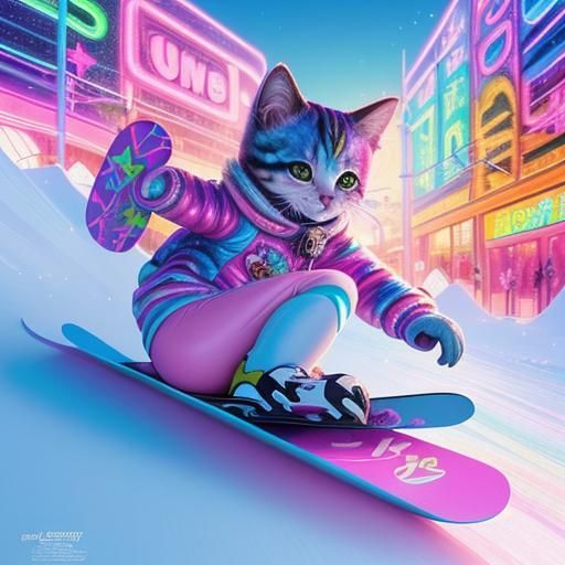Snowboarding Kitten in Candy Art Style