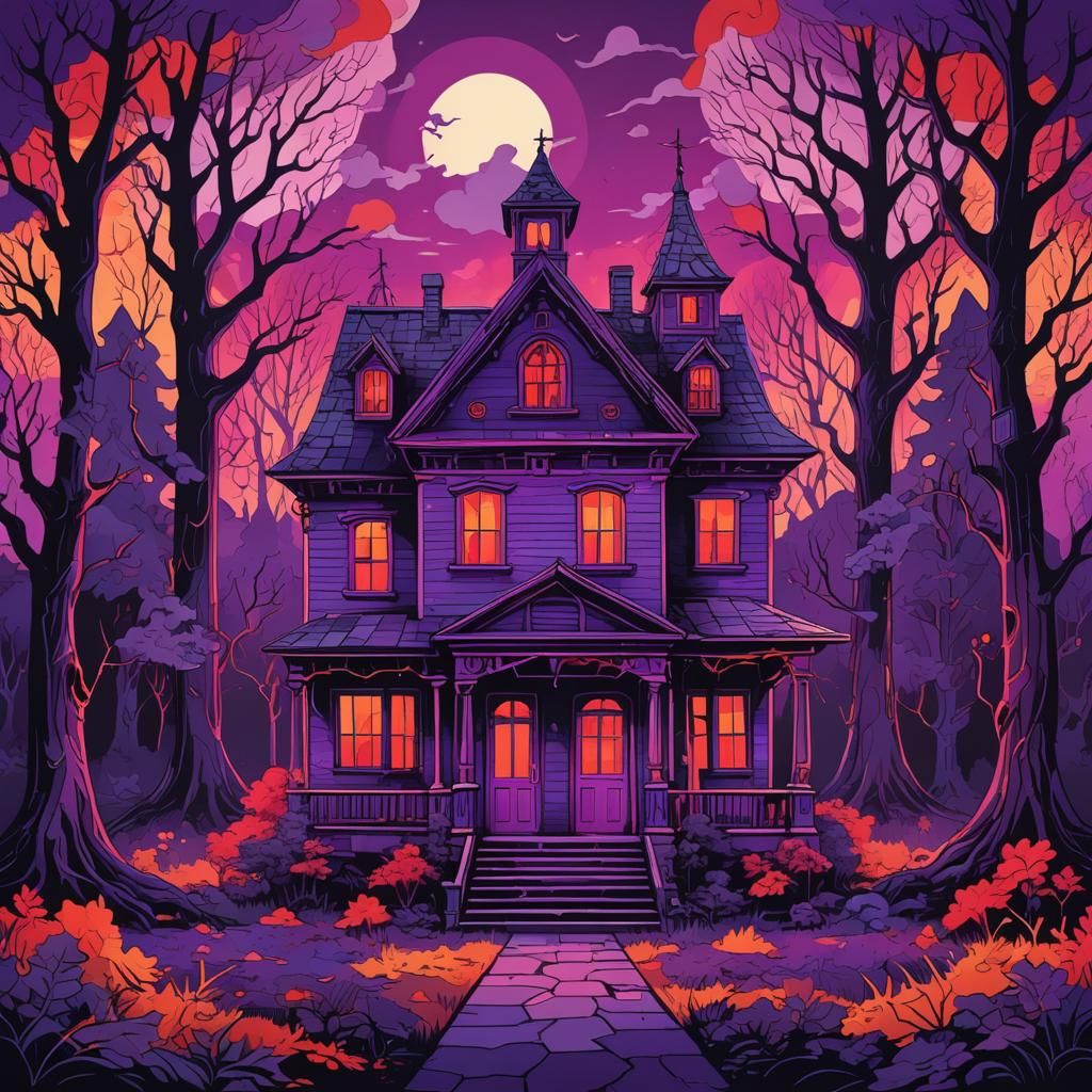 Pop Art Haunted House in Dark Forest