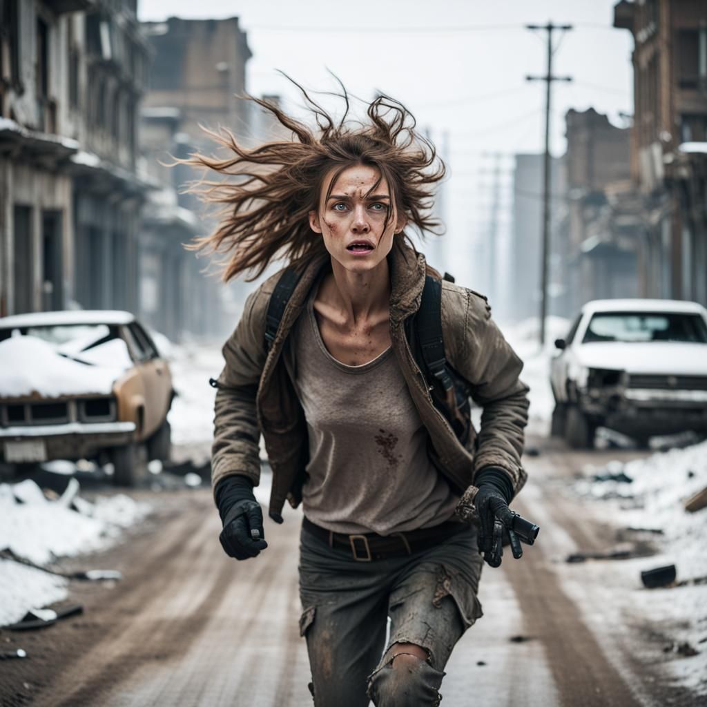 Woman Running in Fear in Post-Apocalyptic City