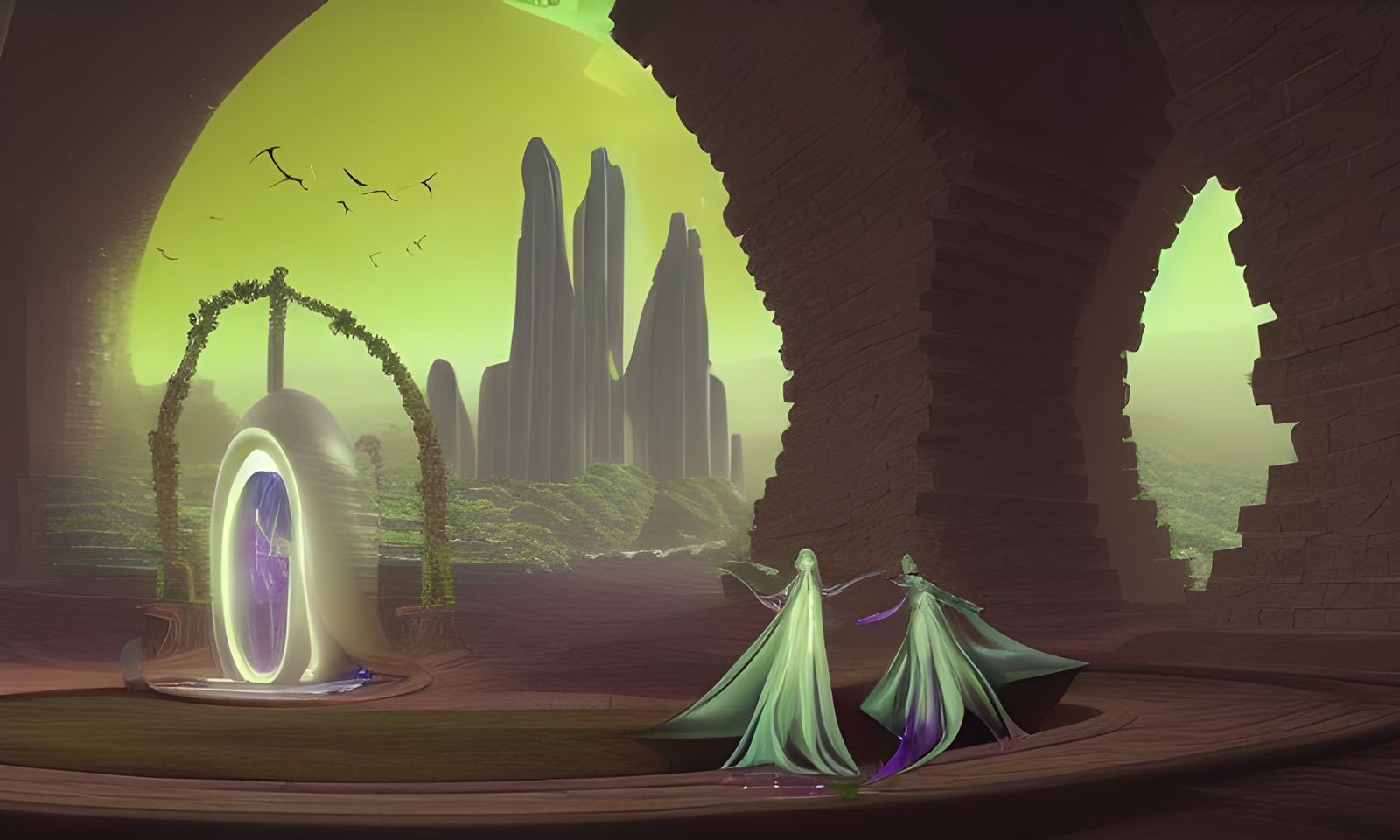 Angelic Portal to Solarpunk Utopia in Wasteland