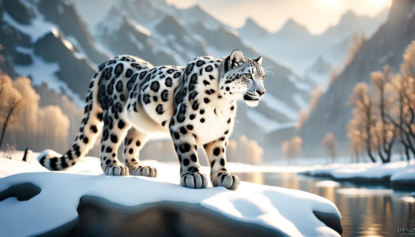 Snow Leopard on Winter Riverscape, Hyperdetailed
