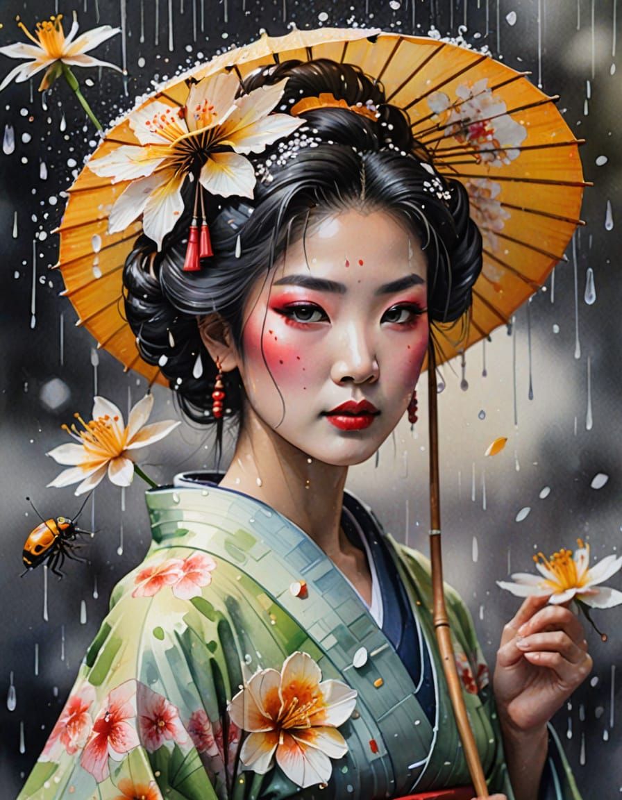 Elegant Geisha with Umbrella in Watercolor Splash Art