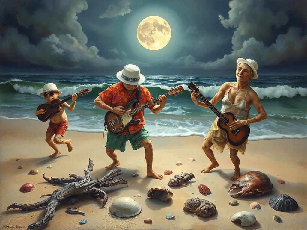 Crabs' Beach Party Under the Moon in Dreamlike Style