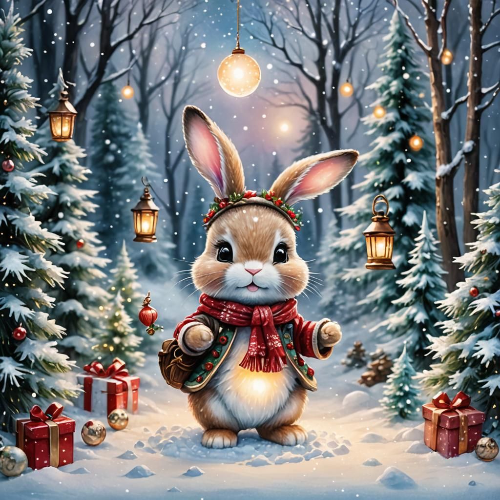 Enchanted Christmas Forest Chibi Bunny with Lantern