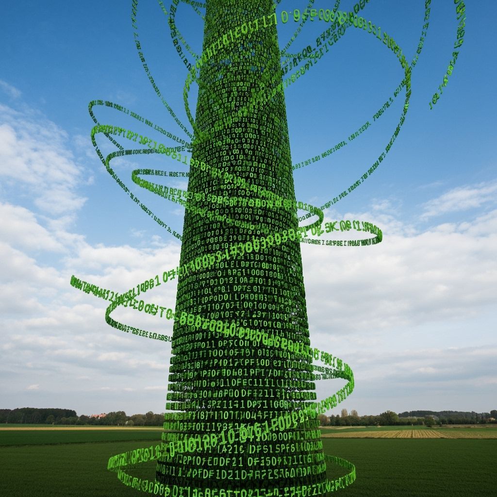 Tower of Code Formed from Twirling Text Against Blue Sky