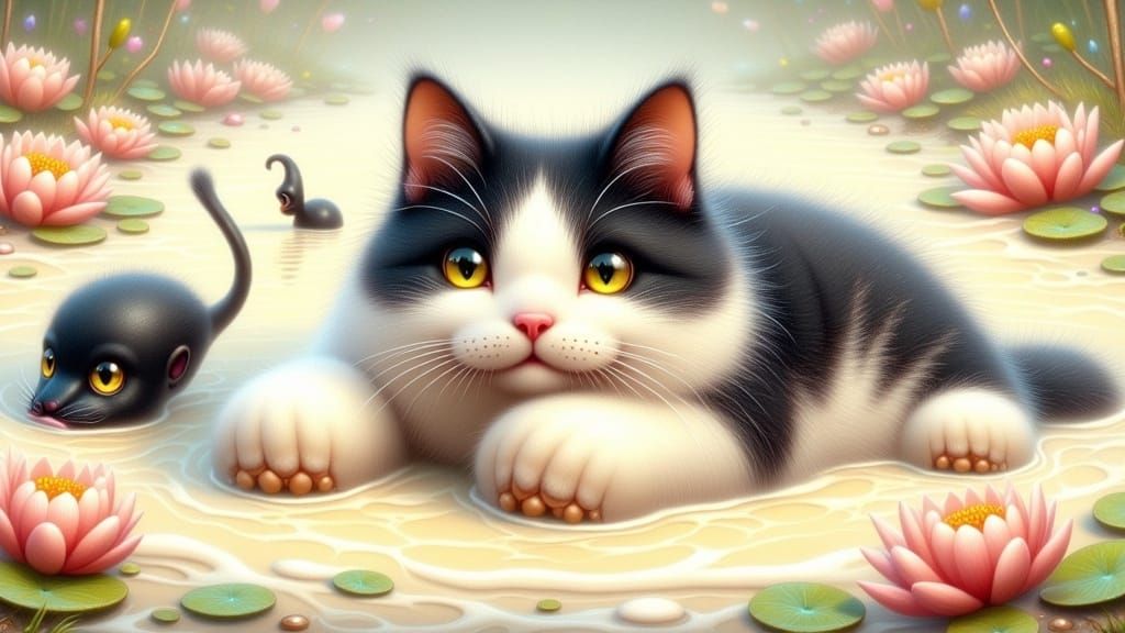 Furry Cat in a Milky Wonderland with Ponds and Streams