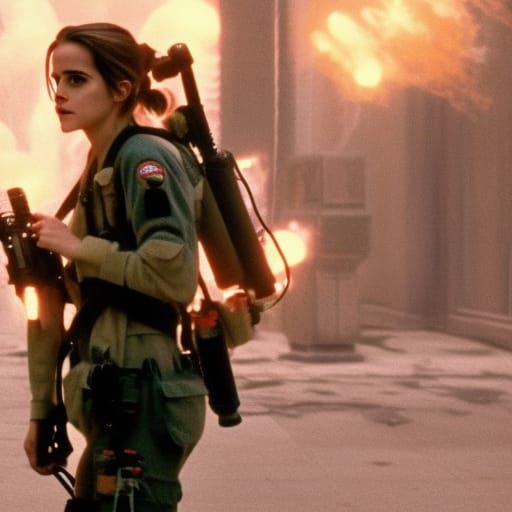 Emma Watson as Ghostbuster in uniform with “ghostbuster” log...
