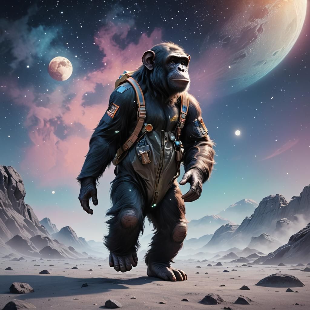 Chimpanzee Walks on Moon in Anime Style