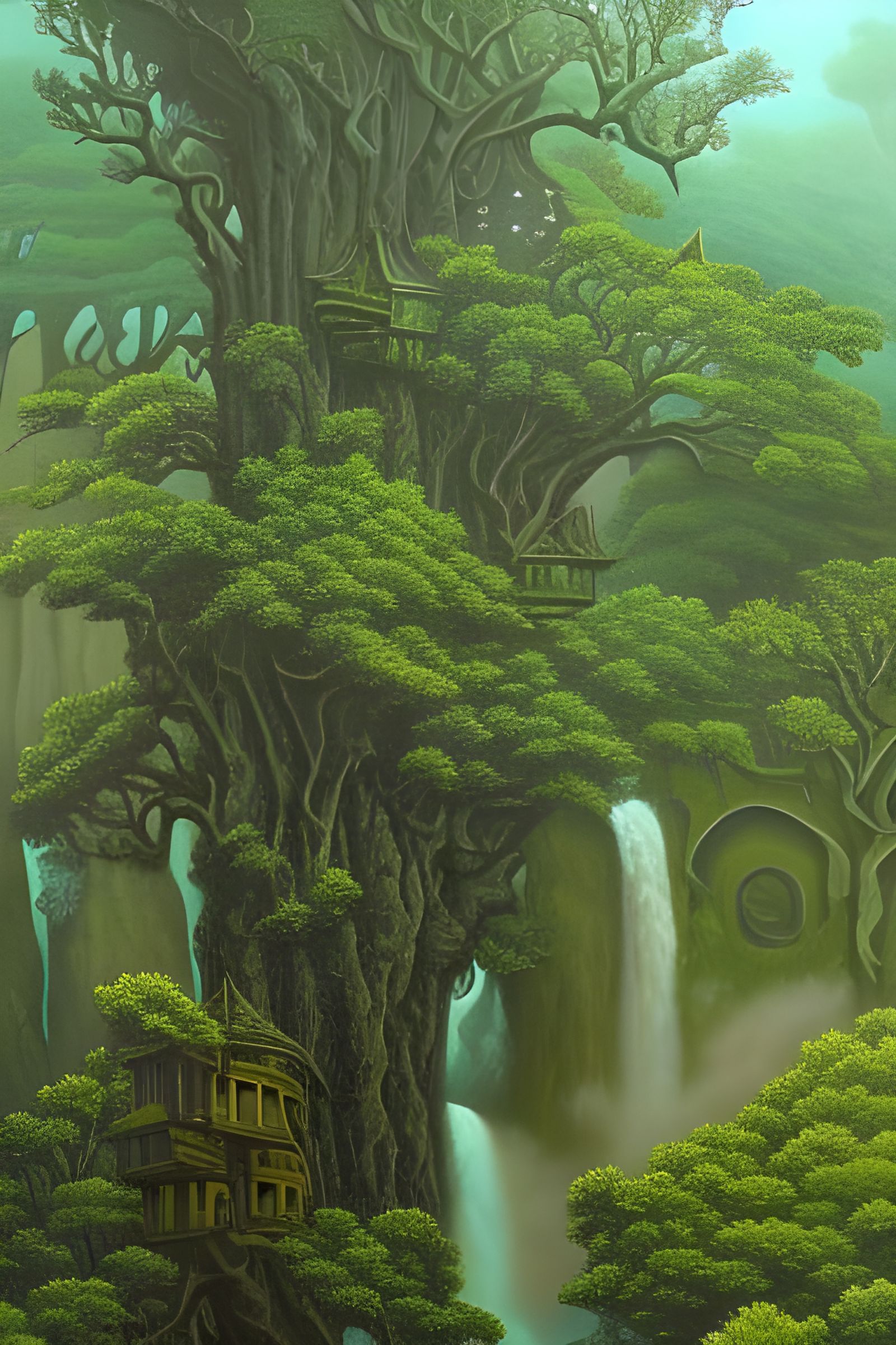 Faces in Nature Near Elven Treehouse in High Fantasy