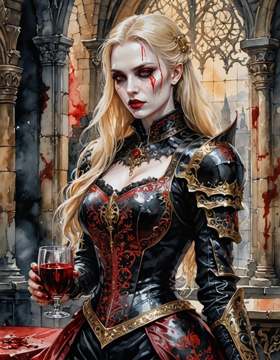 Elegant Vampire in Crimson Armor: Watercolor Painting