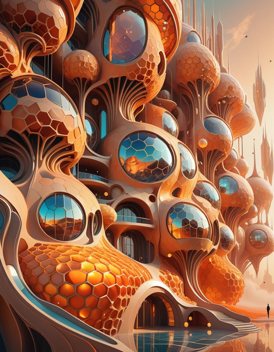 Surreal Futuristic Architecture with Honeycomb Grids