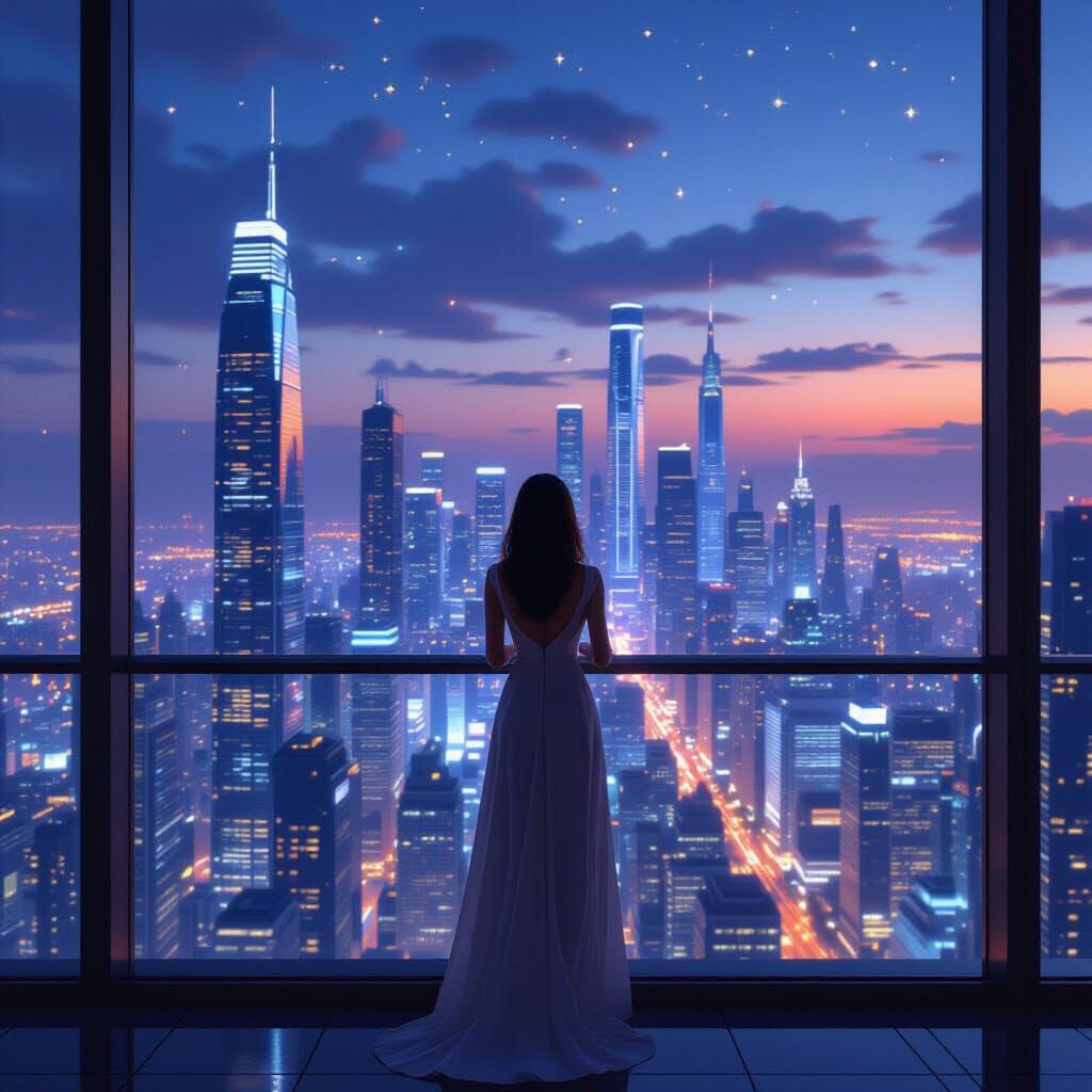 Woman Gazes at Futuristic Cityscape at Dusk