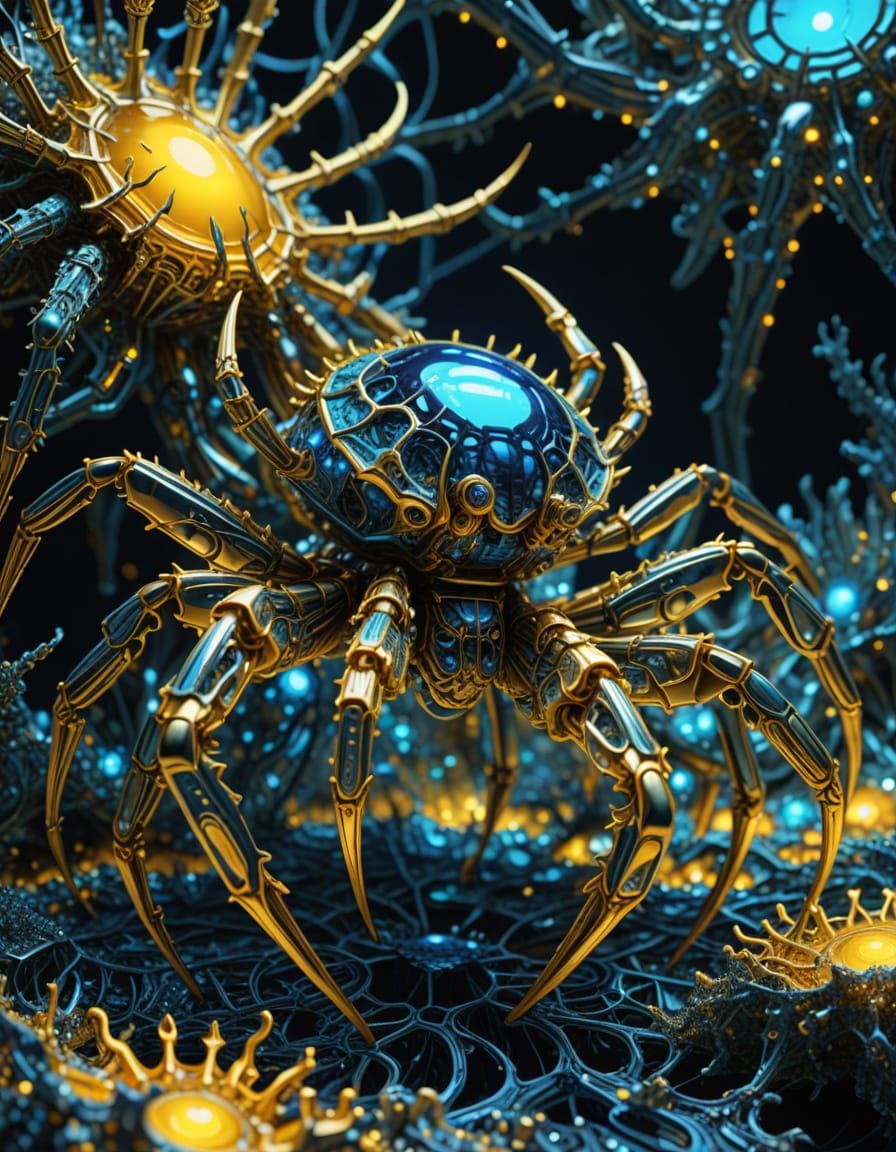 Metallic Spider Crab Crawls through Fractal Chrome Landscape