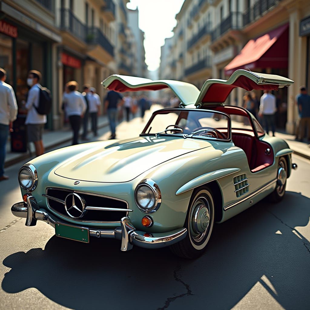 Mercedes 300SL with Bird Wings in a Vibrant, Neo-Art Nouveau...