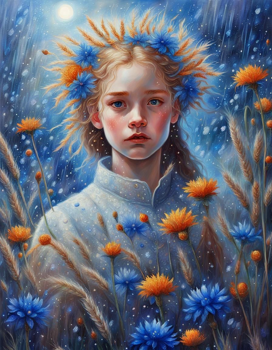 Girl in Neon Floral Impasto Painting After Rain