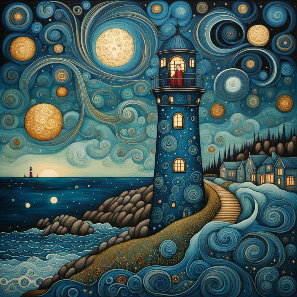 Art Brut Lighthouse with Starry Sky, Klimt Influence