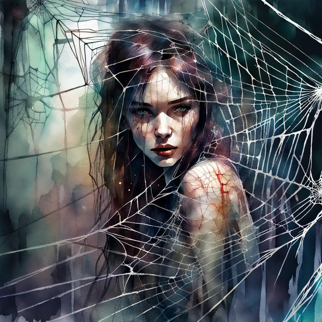 Woman Trapped in Spiderweb: Digital Watercolor Art