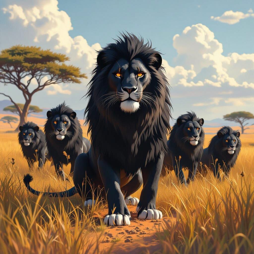 Regal Black Lions in Vibrant Savannah, Matte Painting