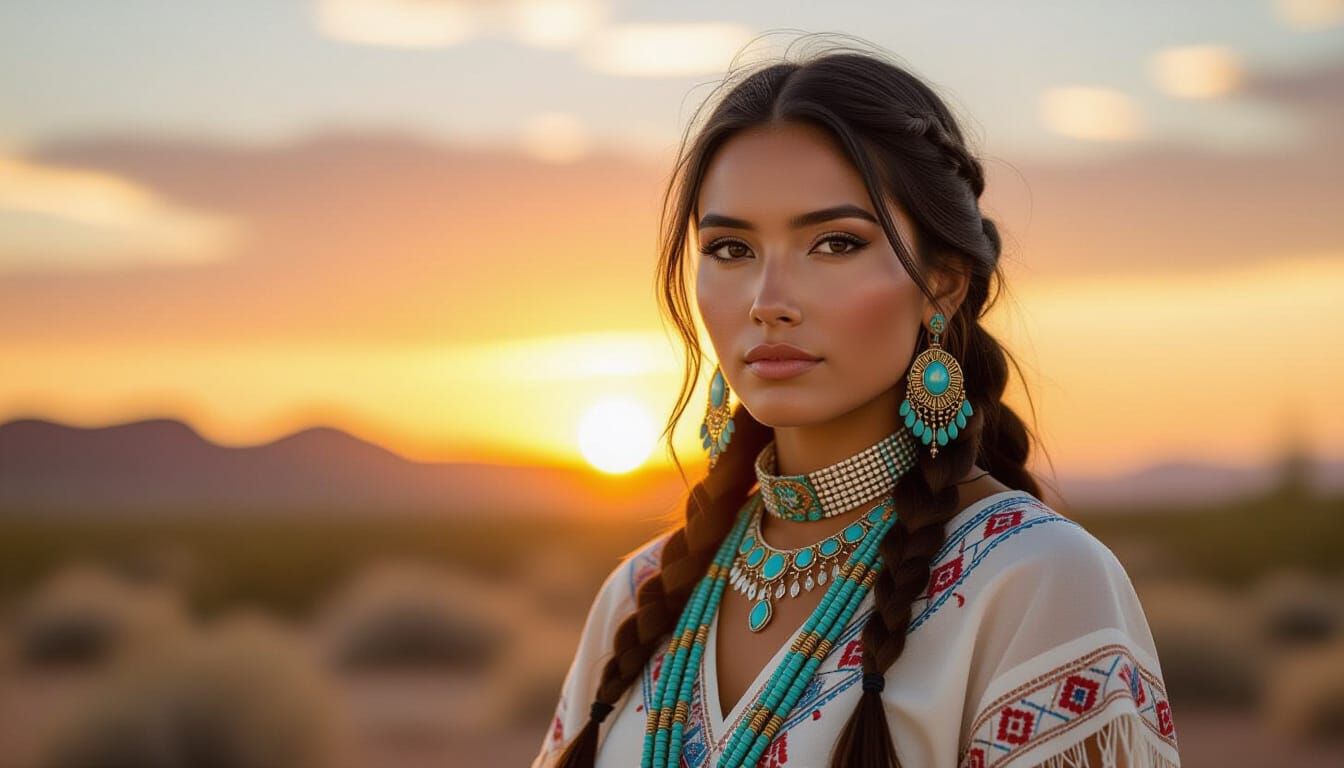 Apache Woman in Desert Sunset: Photorealistic Image