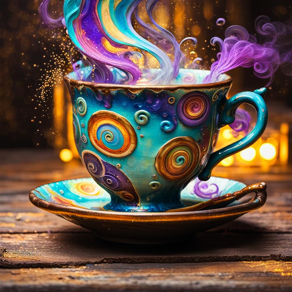 Vibrant Whimsical Steampunk Teacup in Distressed Woodland
