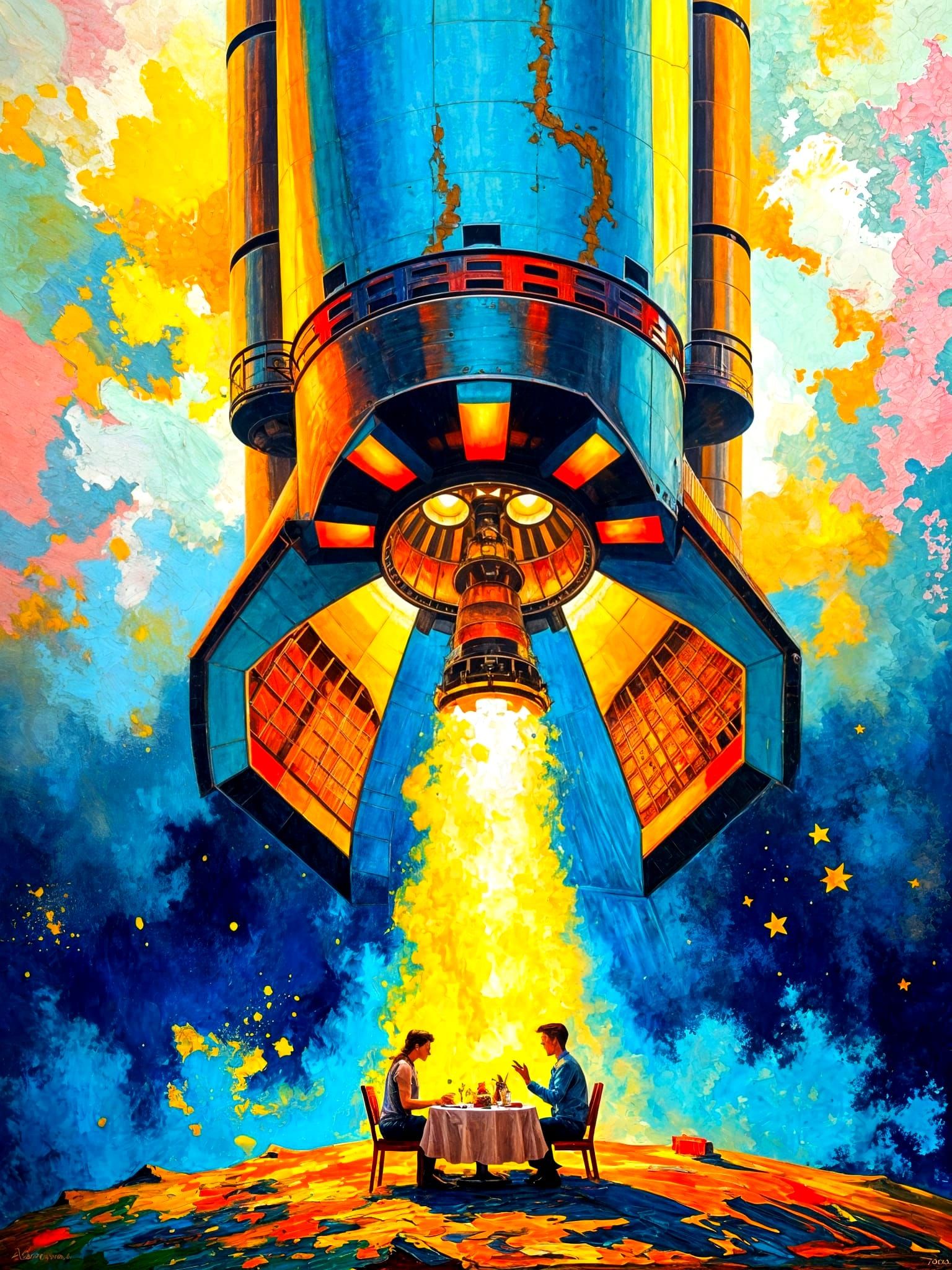 Romantic Space Shuttle Launch: Colorful Impasto Art