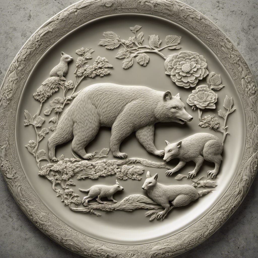 Korean Celadon Plate with Animals: Hyperrealistic Detail