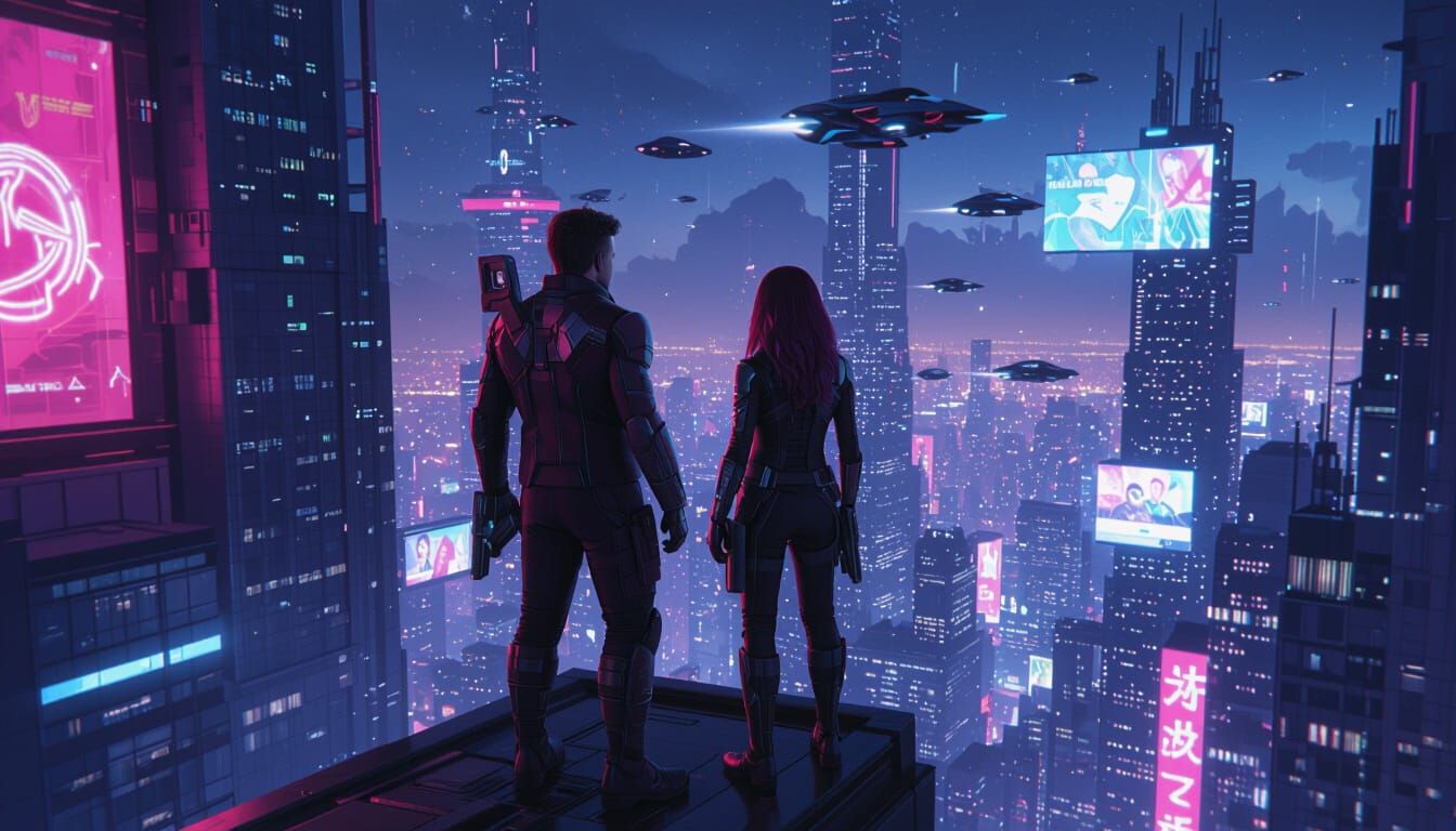 Star-Lord and Gamora in Cyberpunk Metropolis