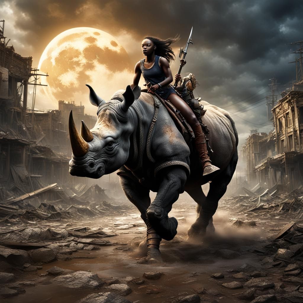 Post-Apocalyptic Teen Barbarian Rides Rhinoceros