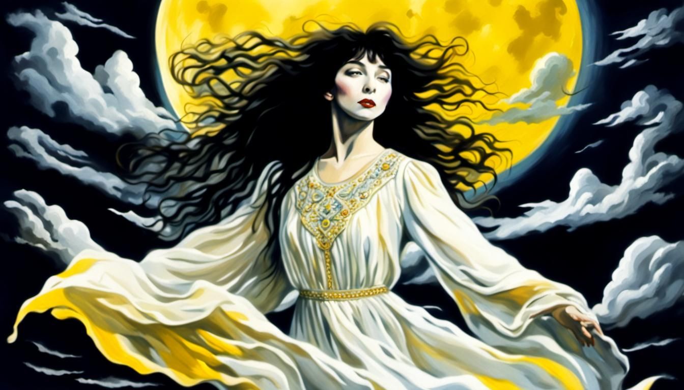 Singer in Flowing Dress with Moon, Abstract Art